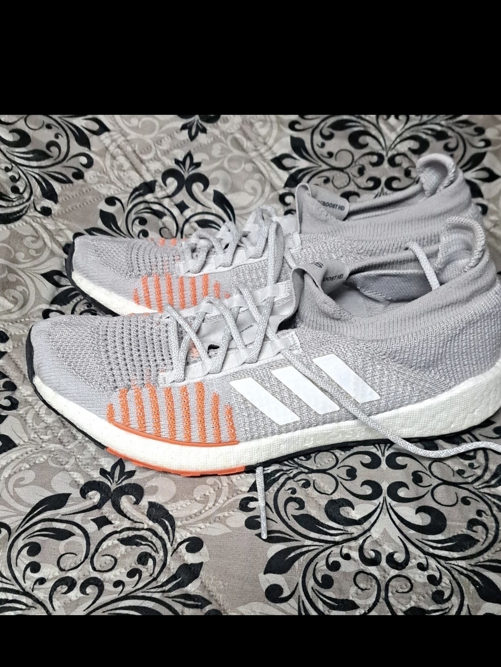 adidas Gray Knit Sneakers with Orange Accents